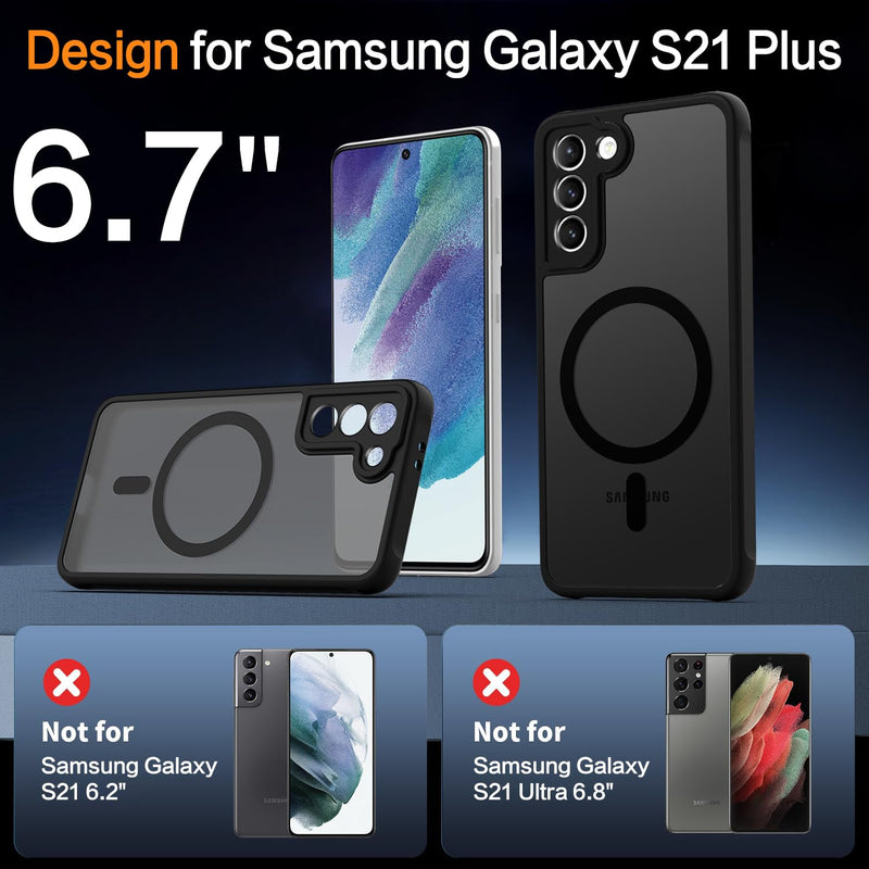 for Samsung Galaxy S21 Plus Case, [Compatible with Magsafe] [Screen Protector] Matte Translucent Slim Shockproof Case Military Grade Protection Phone Cover 6.7-inch, Black