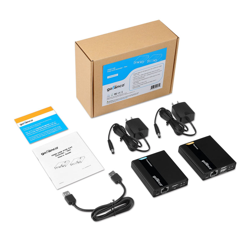 gofanco 1080p HDMI USB KVM Extender Over CAT6 / CAT7 Cable – Up to 230ft (70m), 2X USB 2.0 Keyboard/Mouse, Near Zero Latency, HDMI Loopout, Lightning/Surge/ESD Protection (KVMHDExt70)