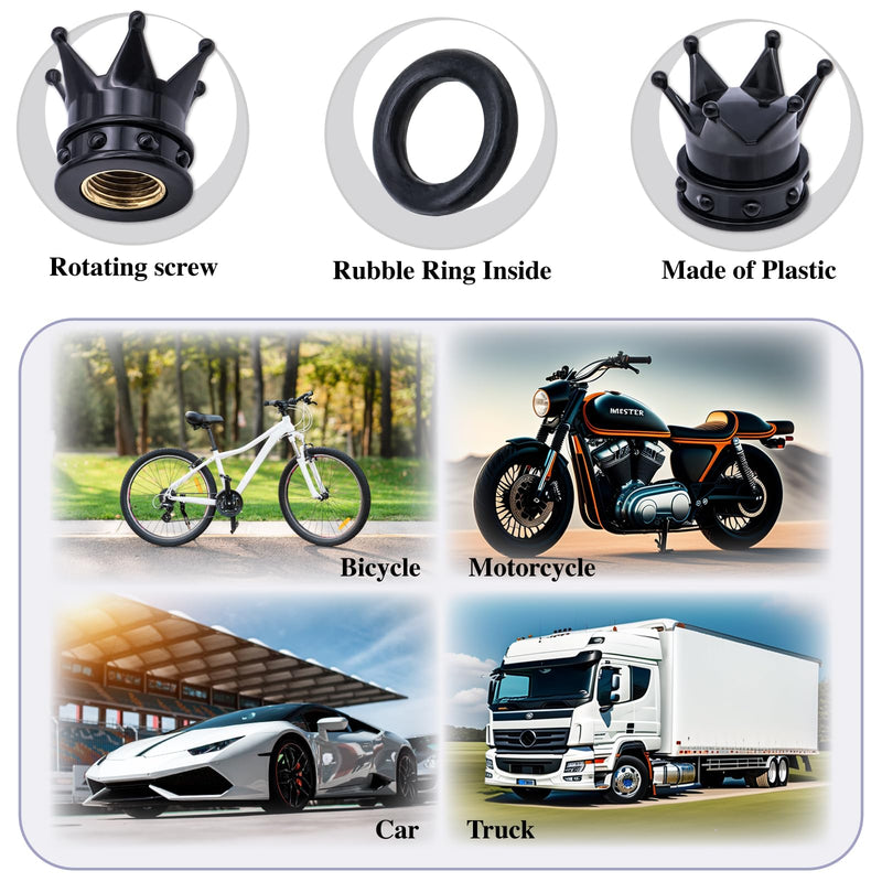 4PCS Crown Tire Valve Stem Caps, with O Rubber Ring, Tire Air Valve Cap Plastic with Brass Core, Universal Cars, SUV, Trucks, Bikes, Motorcycles, Bicycles (Black) 4 pcs Black