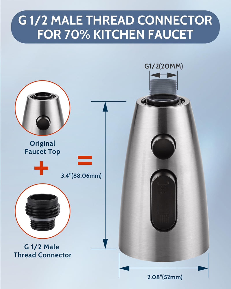Kitchen Faucet Head Replacement:Stainless Steel Spray Head,3 Modes Pull Out Spray Nozzle with 9 Adapters for Kitchen Sink Faucet,Compatible with Moen Kohler Delta Kitchen Faucets G1/2,Brushed Nickel Brushed Nickel Stainless Steel