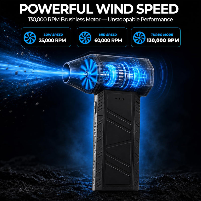 Electric Compressed Air Duster for Computers - 130,000 RPM High-Speed PC Cleaner - Portable Rechargeable Air Blower for Electronics, Keyboards, and Car Detailing - Includes 4 Nozzles