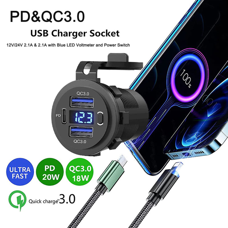 5 Pack 12V USB Outlet, QC3.0 & PD Dual Car Charger with Voltmeter & Switch | Fast charge 3 devices with QC3.0 & PD, plus built-in voltmeter & on/off switch. Ideal for cars, boats, marine, trucks, & RVs. 2QC+1PD