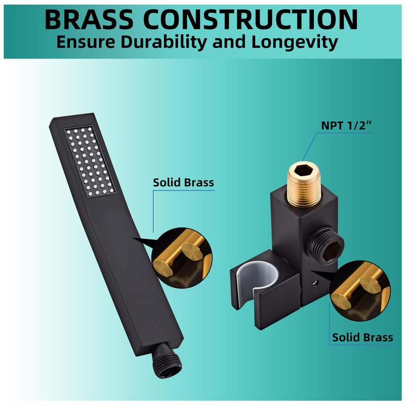 Bathroom Square Matte Black Solid Brass Hand Held Shower Head With Wall Connector and Hose System Wall Mount Handheld Showerheads Set