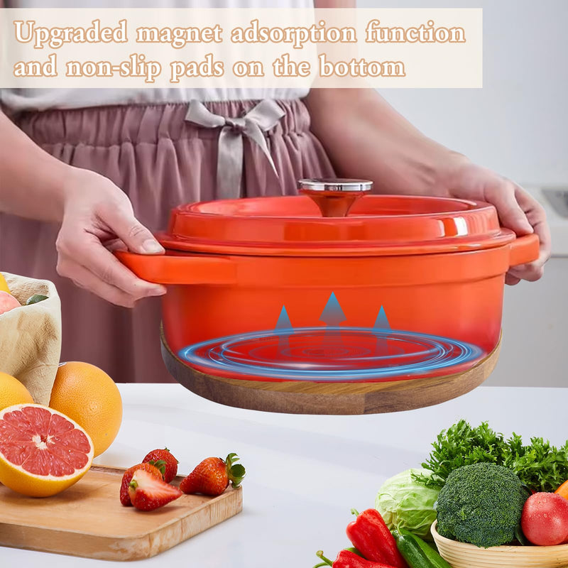 2 PCS Magnetic Wooden Trivets for Hot Pots and Pans, Heat Resistant Acacia Wood Trivet with Cushioning Silicone Strips for Dutch Ovens Hot Dishes Pots Holder, for Mom Grandma 2 PCS