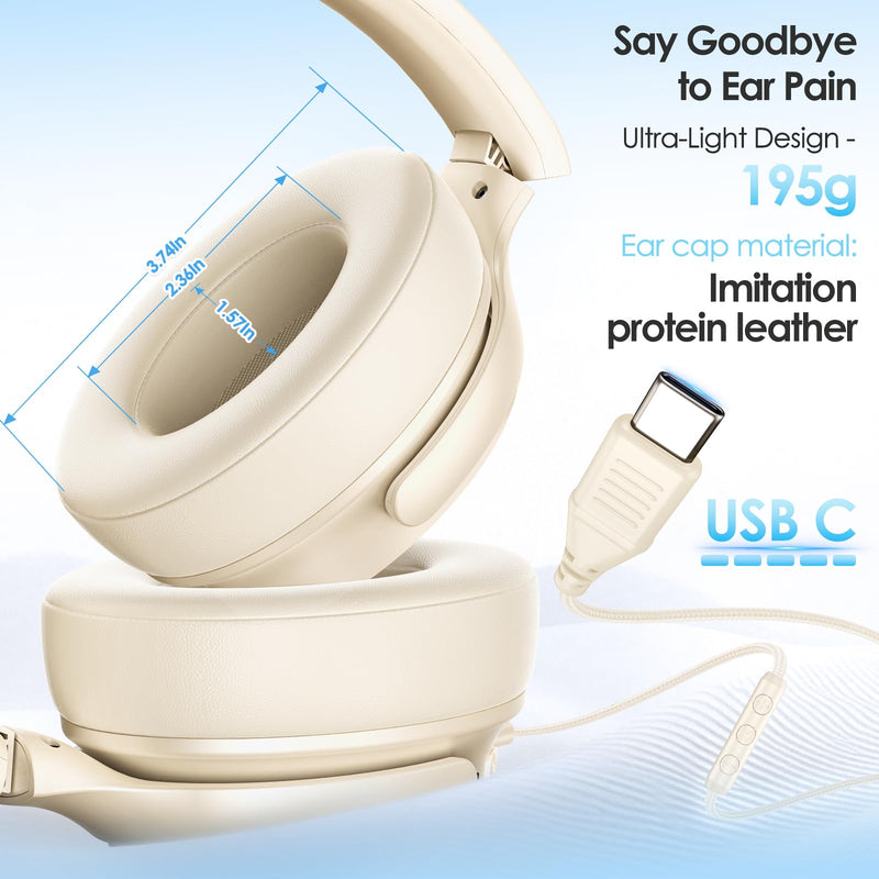 INFURTURE USB C Headphones Wired Active Noise Cancelling Over Ear-White | Portable/Comfortable/Built-in Microphone/Lightweight/for iPhone/iPad/Sports/School/Travel/Plug and Play/Ideal Gifts White