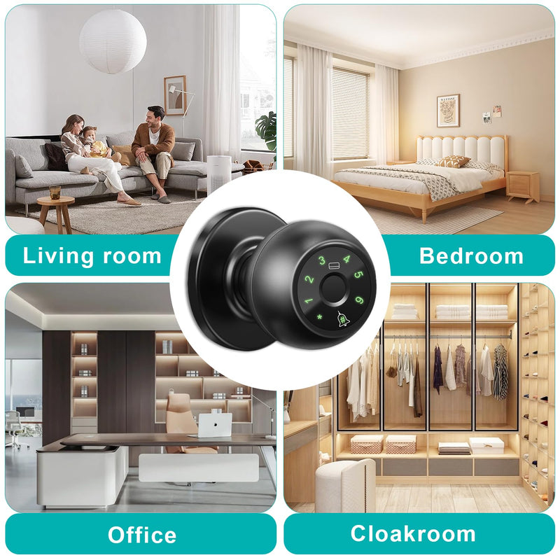 Kuelor Smart Lock Fingerprint Door Lock, 5-in-1 Keyless Entry Door Handle with Keypad & Doorbell, Touch/Code/Card/Key/App Control for Home Office Airbnb A-Black