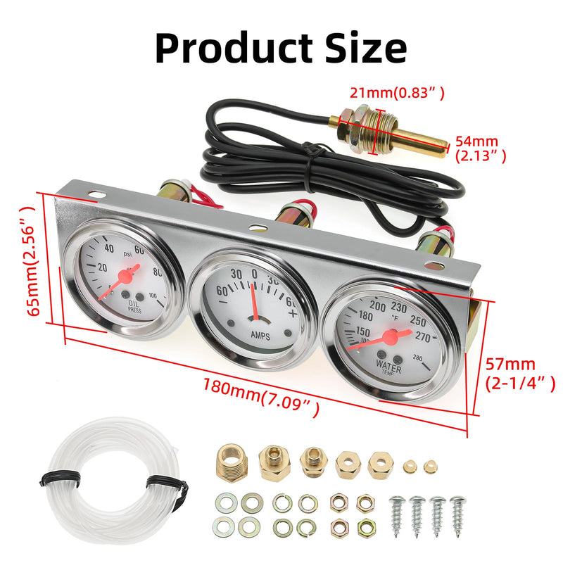 ARTILAURA Triple Gauge Set (Oil Pressure Gauge+ AMP+ Water Temp) 3 in1 52mm 2inch Triple Gauges Dashboard Ammeter Auto 3 Gauge Cluster Kit