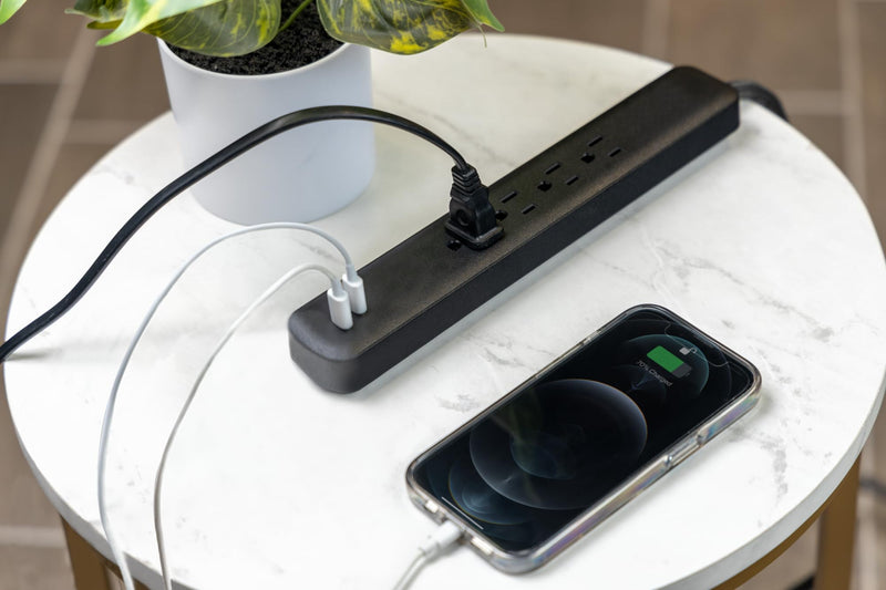 Philips Surge Protector Power Strip with USB Ports, 4 Ft Braided Extension Cord, 450 Joules, 4 Outlet Extender, 2-USB-C, Flat Plug, Home Office Dorm Essentials, Black, SPP6285B/37