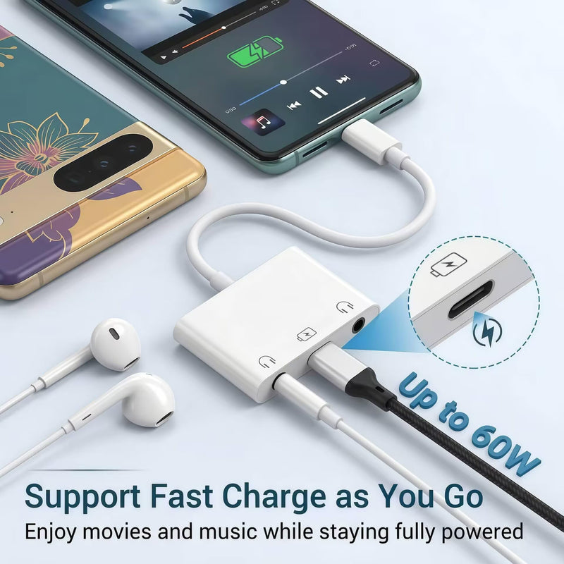 3-in-1 USB C to 3.5mm Audio Adapter, Headphone Splitter for 2 Headphones | USB-C to Dual 3.5mm Headphone Jack Adapter with PD Fast Charging for iPhone 17/16/15, iPad Pro, Samsung Galaxy S26/S25/S24