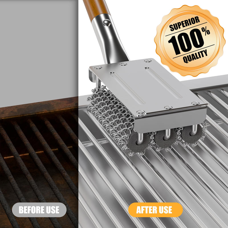 HOUSE AGAIN Grill Brush Bristle Free, 304 Stainless Steel Food-Grade Brush Head with Scraper, Safe BBQ Outdoor Grill Cleaning Brush Strong Barbecue Brush Cleaner Non Wire for Grill Grate/Wooden Handle Wood