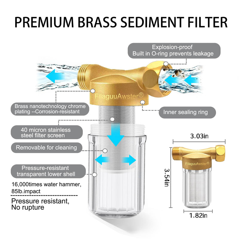 FA21 Brass Water Filter for Shower, Washing Machine Filter, 40-50 Micron, Reusable Sediment Filter, Traps Sand Rust, 1/2" Fittings w/ 3/4" Adapters