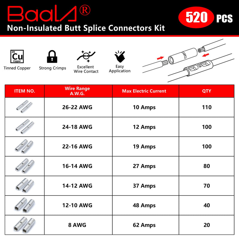 BAALA 520 PCS Non Insulated Butt Connectors Kit,26-8 Gauge Butt Splice Connector Uninsulated Wire Splice Connectors, Tinned Copper Marine Grade Seamless Barrel Crimping Butt Terminals