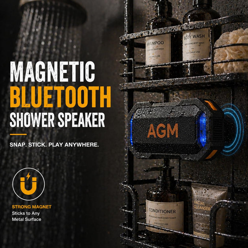 AGM MagROCK Magnetic Bluetooth Speaker, IP67 Waterproof & Floatable, Strong Magnet Mount for Fridge & Toolbox, Drop-Proof Rugged Portable with RGB Lights, TWS Stereo, for Shower, Garage, Outdoor