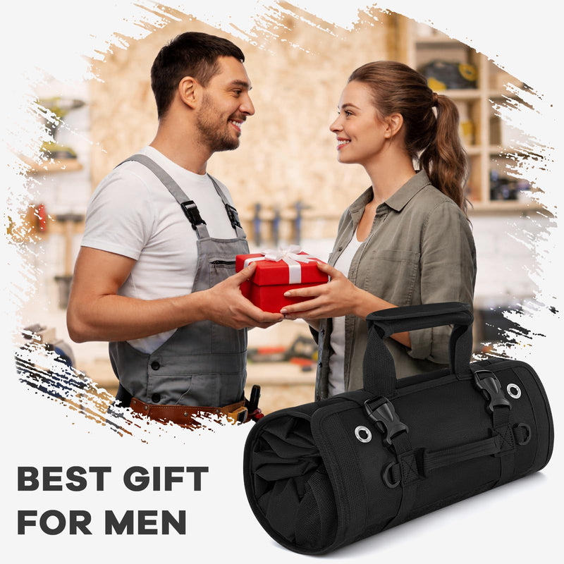 ANILD 13 Inch Roll Up Tool Bag Organizer, Heavy Duty Portable Tool Roll Organizer Bag with 2 Detachable Pouches, Father’s Day Gift, Gifts for Men, Electrician, Mechanic & Hobbyist (Black, Regular) Black
