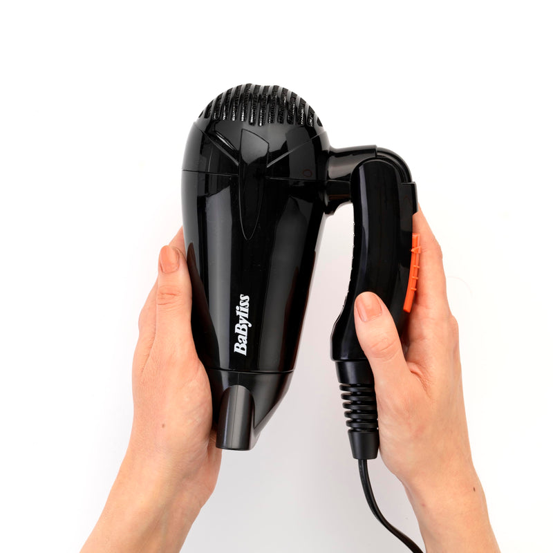 BaByliss Travel Folding Hair Dryer - Lightweight and Powerful 2000W Blow Dryer, Dual Voltage, Worldwide Use, 2 Heat/Speed Settings, Black/Orange, 5334U