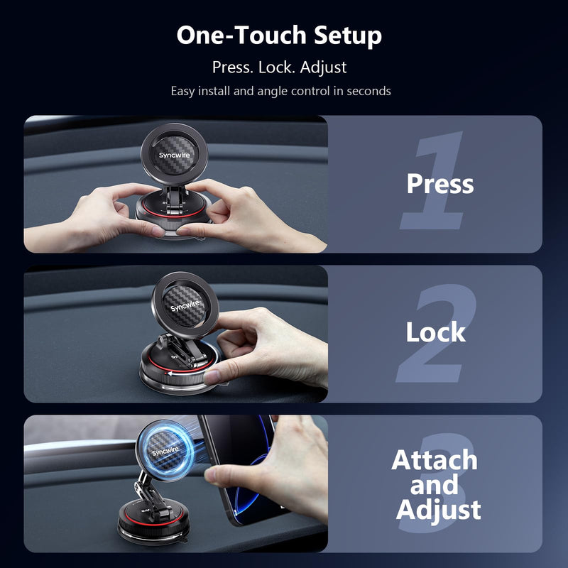 SYNCWIRE for MagSafe Car Mount [3-Axis Design] Strong Suction Cup Magnetic Phone Holder, 360° Rotation, Compatible with iPhone 17 Pro Max 16 15 14 13 12, Samsung, Carbon Fiber Head, Gloss Black Arm 3-Axis | Carbon Fiber