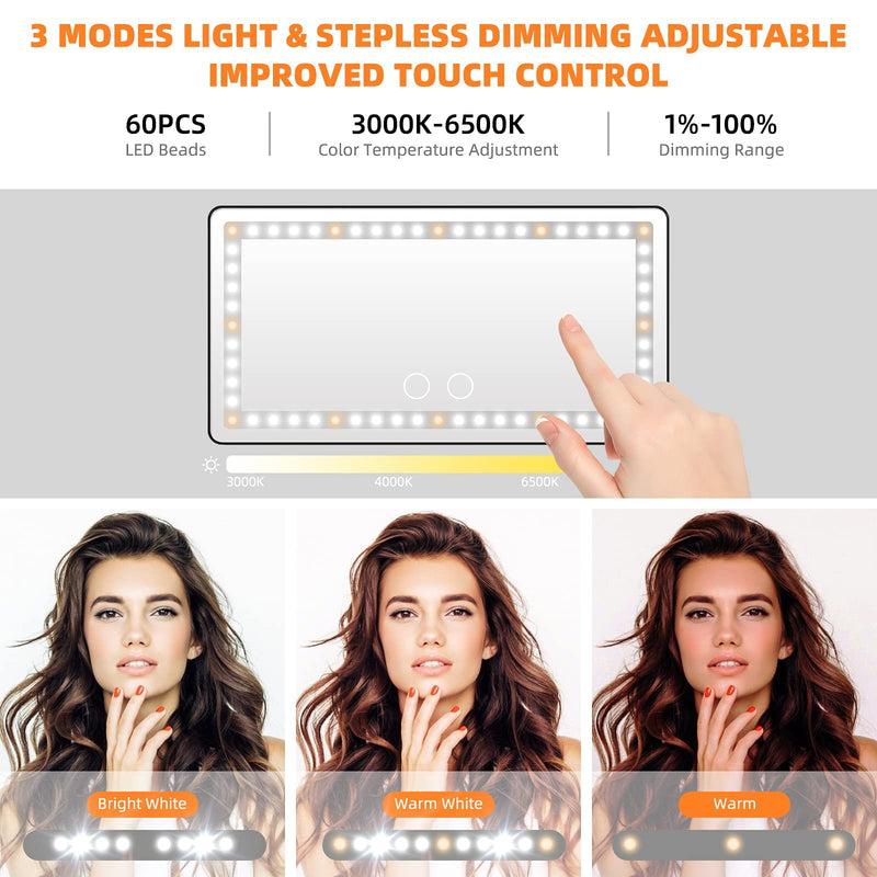 Car Sun Visor Vanity Mirror, with 3 Light Modes & 60 LEDs - Rechargeable Dimmable Clip-on Rear View Sun-Shading Cosmetic Makeup Mirror, Universal for Car SUV(Black) Black