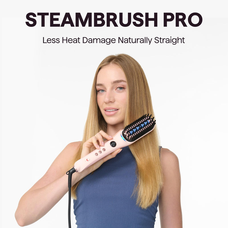 Wavytalk Steam Hair Straightener Brush with Negative Ions 4 in 1 | Steambrush Pro Steam Straightening Brush for Women Reduced Heat Damage with Steam and Ionic, Fast Styling, Frizz-Free, Pink