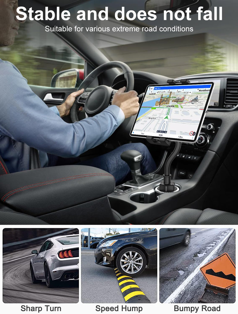 Cup Car Tablet Holder for Car, Car Cup Holder Tablet Mount, Universal Adjustable Gooseneck Cup Holder Tablet Cradle with 360° Rotation for 4-11" Tablet iPad Pro,Galaxy Tabs, Z Fold, Fire, Phone