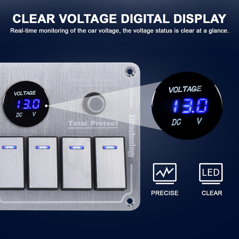 Marine Boat Rocker Switch Panel,Waterproof 6 Gang Toggle Switch Panel with Dual USB and Voltmeter Panel for RVs, Cars, Boats, Trucks,Trailers - 12-24V (Silver, 6 Gang) Silver