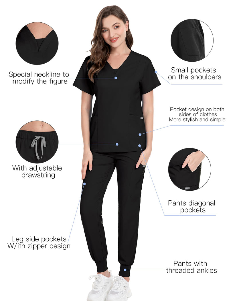 niaahinn Scrub Suit Set for Women Modern V-neck Top & Tapered Leg Jogger Pants with Drawstring Medical Nursing Uniforms Set Medium Black