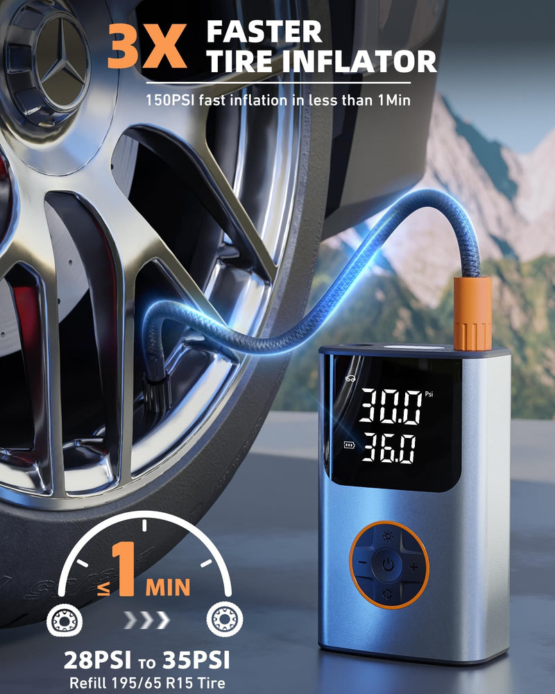 Tire Inflator Portable Air Compressor, Bike Pump, 150PSI Air Pump for Car Tires with LCD Dual Screen and Digital Tire Pressure Gauge, Air Compressor for Bicycle, Motorcycle, Compact Car, Ball Silver