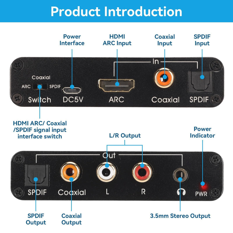 ARC Audio Extractor & DAC Converter, HD Output ARC Sound Extractor 192KHz Optical SPDIF 3.5mm Headphone Port Digital Analog Sound Converter for Home Cinema TV