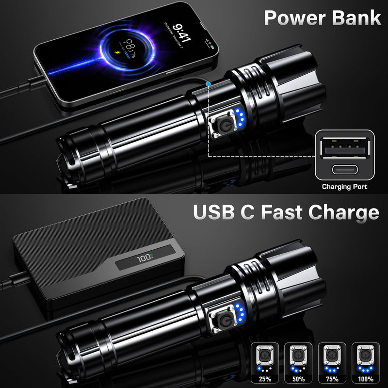 AKNEAR Rechargeable LED Flashlight 99000 High Lumens, Super Bright Flashlights with Zoomable & USB C Rechargeable & 5 Light Mode & IPX-7 Waterproof, Powerful Flash Light for Home, Hiking, Camping 2 Pack Standard Display