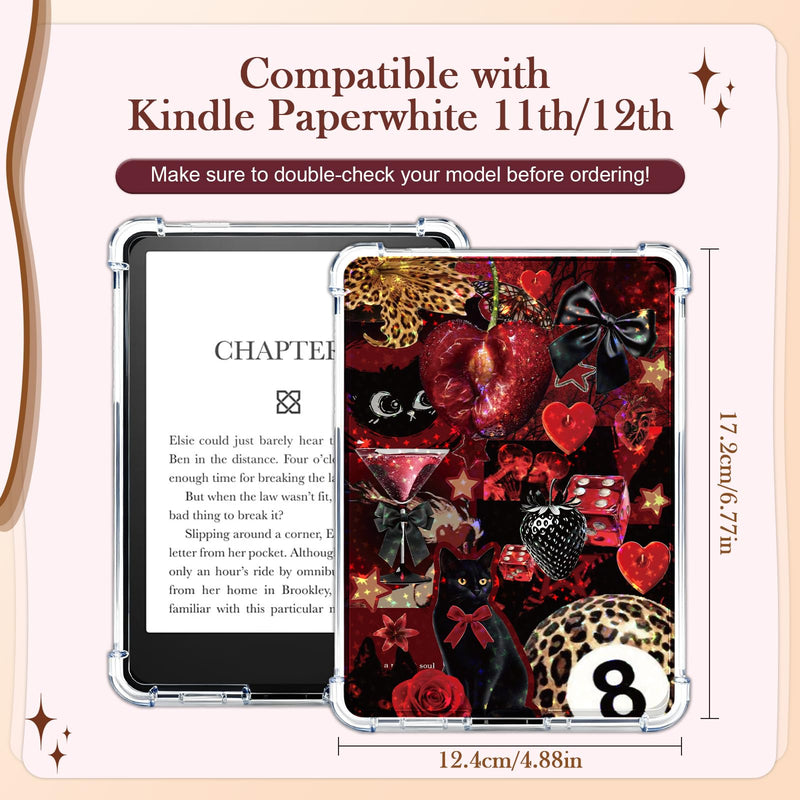 Rngmsi Insert Cardstock for Clear Case - 12Pcs Red Cherry Leopard Print Cardstock Inserts Compatible with Kindle Paperwhite 11th-12th, 50Pcs Vintage Y2K Stickers for E-Reader Clear Back Cover