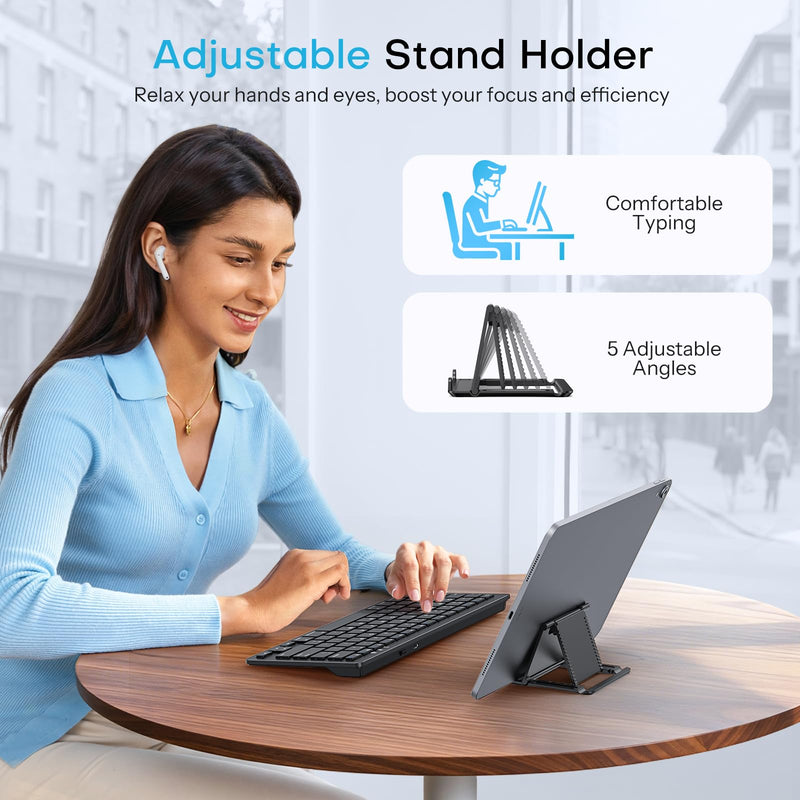 OMOTON Rechargeable Bluetooth Keyboard for iPad/iPhone with Stand Holder | Compact Wireless Keyboard for iPad Pro/Air/Mini/A16 11th/10th, Key Stickers, Easy to Carry for Study, Office and Travel