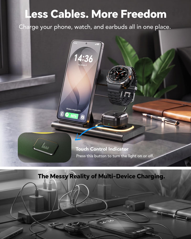 3 in 1 Charging Station for Samsung Charger, Foldable & Night Lamp | Wireless Charger for Samsung S26/Galaxy Watch Ultra/8/7/Galaxy Buds4,Tidy Desktop,Rotatable Watch Part,Not for Watch 9/Ultra2 Black