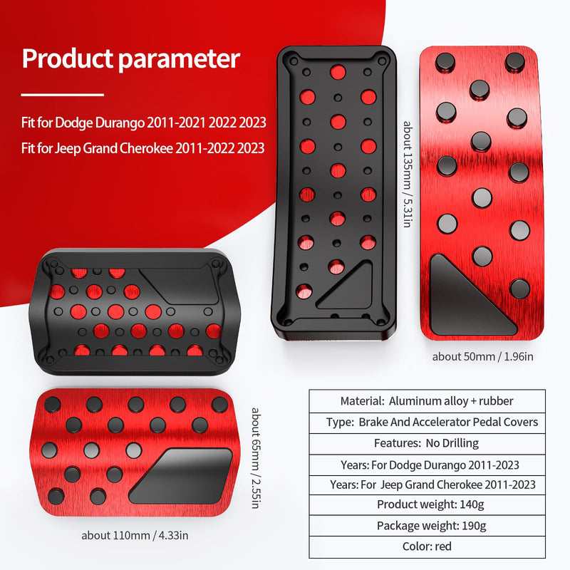 Car Pedal Cover for Dodge Durango Jeep Grand Cherokee 2011-2024 Aluminum Alloy No Drilling Aluminum Brake and Accelerator Pedal Covers 2PCS(Red) Red
