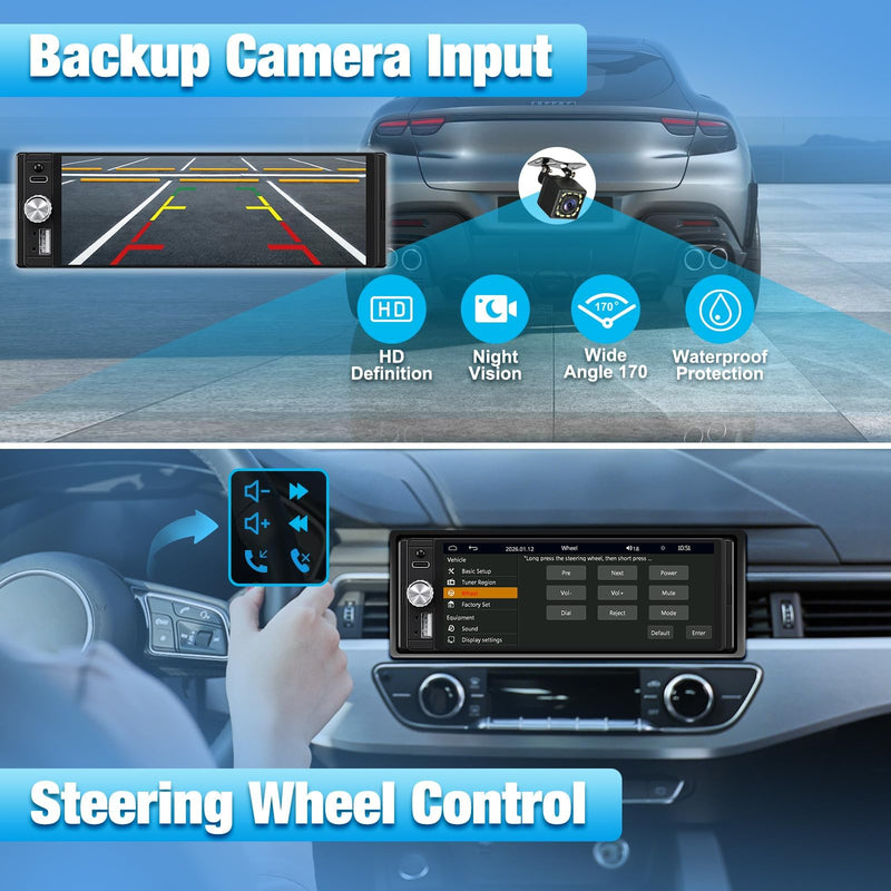 Single Din Radio Car Stereo with Apple CarPlay & Android Auto, 6.28 Inch HD Touch CarPlay Screen, Backup Cam,Bluetooth, MP5,USB Type-C, SWC, EQ, FM Radio (with External Mic)
