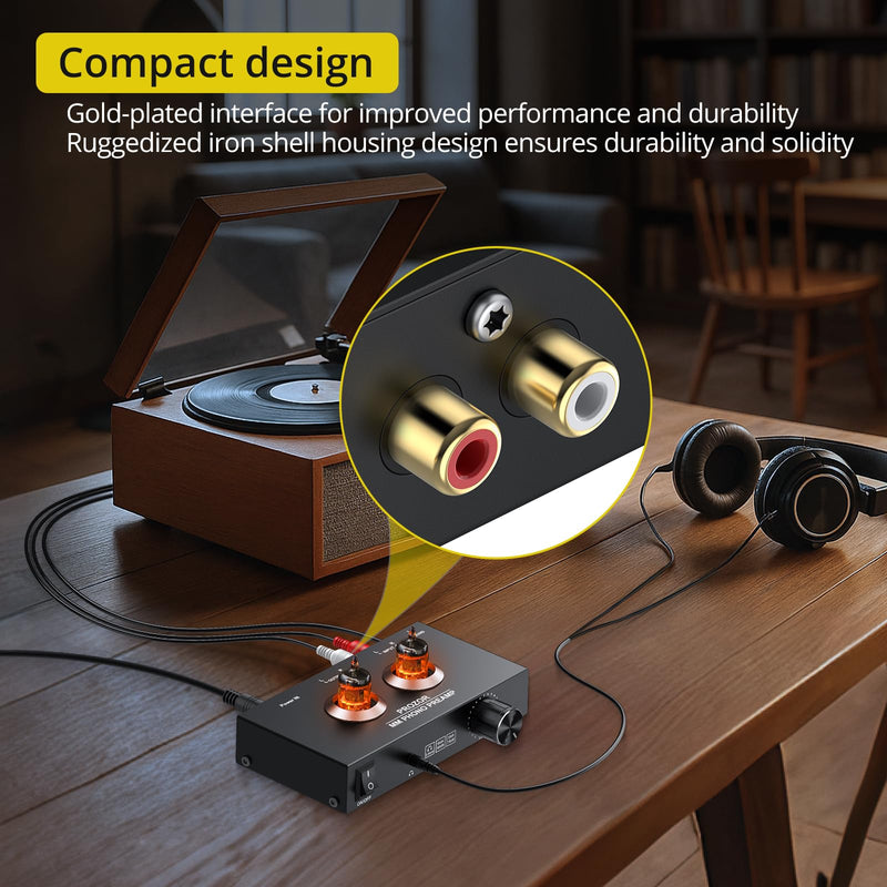 PROZOR Vacuum Tube Phono Preamp, JAN GE5654 Tube, for MM Turntable Phonograph & Record Player, Mini Headphone Amp for Home Audio Systems Stereo Amplifier, with 15V Power Adapter Black - Tube Phono Preamp