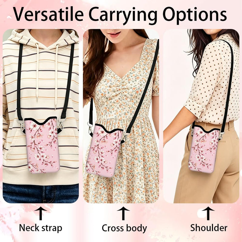 Floral Phone Pouch with Adjustable Strap Neck Lanyard Fits Most Smartphones 7.1 x 3.9 Inch Neoprene Phone Sleeve Pouch Cherry Blossom Waterproof Carrying Cellphone Case Bag for Women Men