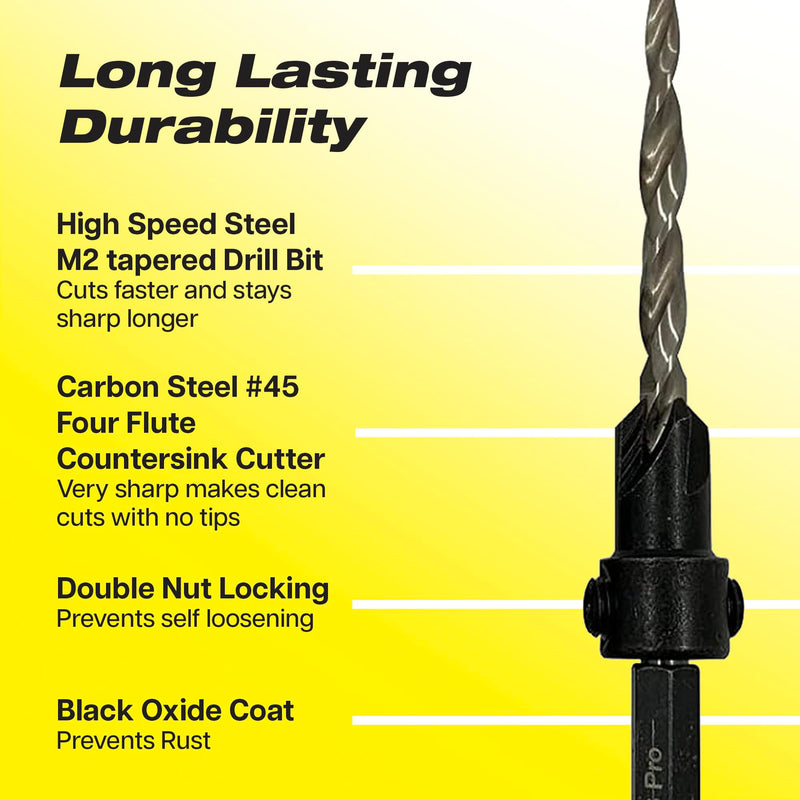 Countersink Drill Bit Set – 5pc Self-Centering Woodworking Bits with 4 Flutes, M2 HSS Material, 1/4" Hex Change, Depth Collar, Includes 2 Free Tapered Bits for Precision Drilling – #6 (9/64") 5 Pc #6(9/64")