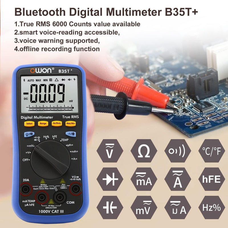 OWON B35T+ Bluetooth Digital Multimeter 6000 Count Auto Ranging Digital True RMS Smart Multimeter with Bluetooth 4.0 (Android and iOS) and Offline Data Recording Function