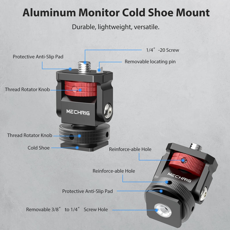 Mini Camera Monitor Mount with Cold Shoe, Aluminum Cold Shoe Mount Adapter with 1/4″ Screw for Monitor LED Light Mic, Field Monitor Holder 360° Swivel & 180° Tilt Damping (Without Knob 63143) Without Knob