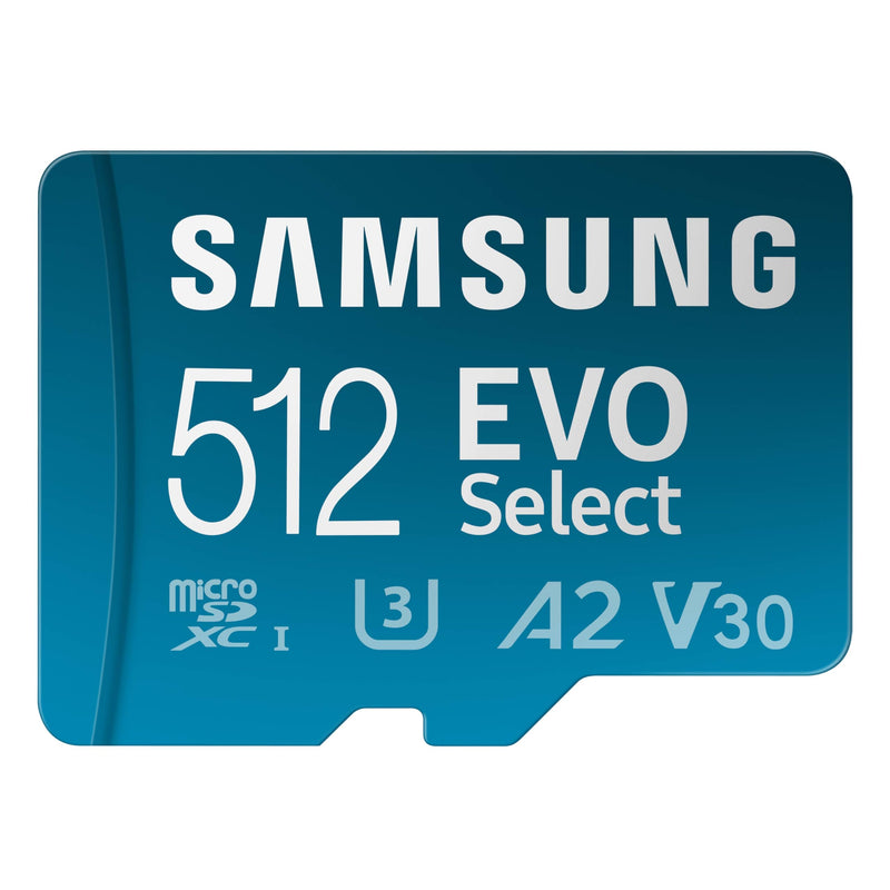 SAMSUNG EVO Select MicroSD Memory Card + Adapter, 512GB microSDXC, Speeds Up to 160 MB/s, UHS-I, C10, U3, V10, A2, Upgrade Storage for Phones, Tablets, Nintendo-Switch, MB-ME512SA/AM New Generation - up to 160 MB/s