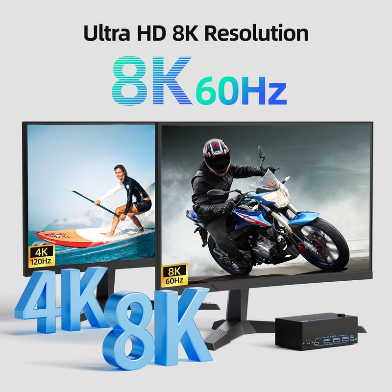 KVM Switch 3 Monitors 2 Computers 8K@30Hz/4K@60Hz, HDMI KVM Switches for 2 PC Sharing Triple Monitor and Keyboard Mouse with Power Adapter Black 8cm HDMI 2 in 3 out