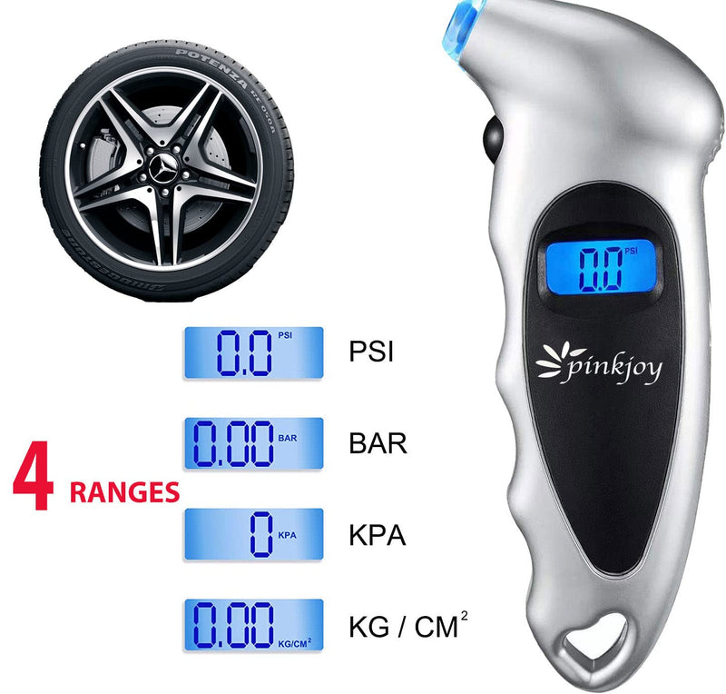 PINKJOY Digital Tire Pressure Gauge 2 Pack 150 PSI, 4 Settings, Tire Gauge for Car, Truck, Motorcycle, Bicycle with Backlit LCD and Non-Slip Grip (Silver) Silver 2 Pack