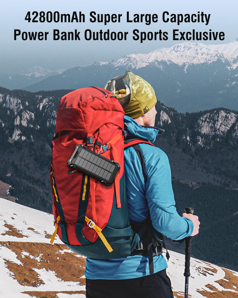 Solar Charger Power Bank, 42800mAh Wireless Portable Charger with USB-C in/Output, QC3.0 Fast Charging 15W 4 Ports Outdoor Battery Pack Built-in Dual Led Flashlights for iPhone Samsung etc Deep Black