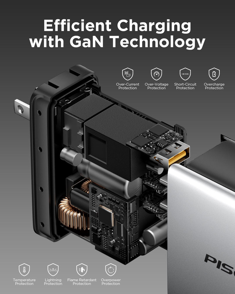 PISEN 140W USB C Charger - PD3.1 GaN Fast Charger USB C 3-Port Foldable Charging Block 140Watt Power Adapter with 6FT 240W Type-C Cable, 140W Charger for MacBook, Laptops, Samsung, iPad, iPhone Series