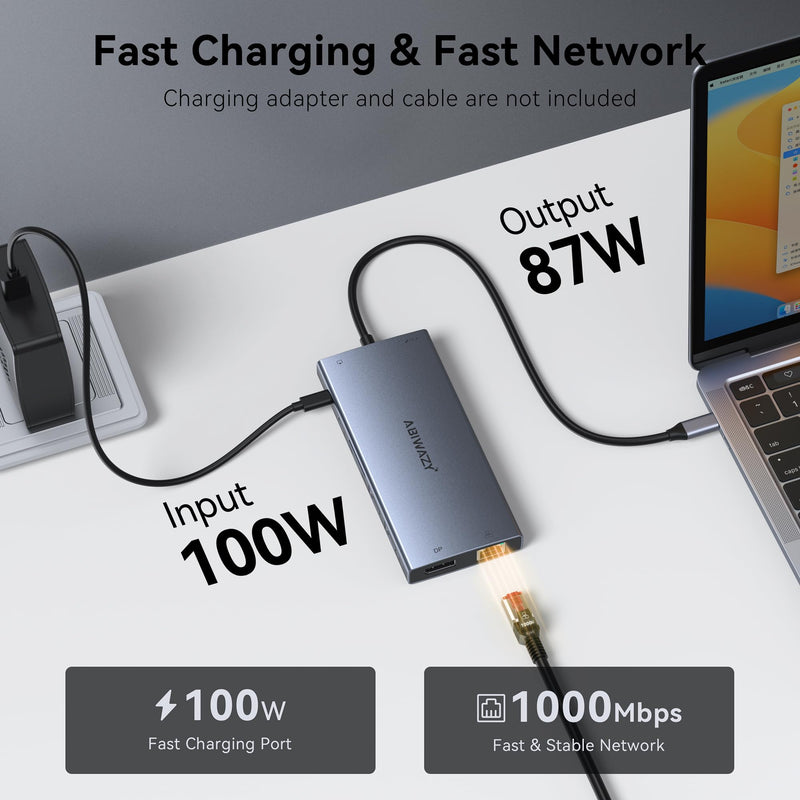USB C Docking Station Dual Monitor, ABIWAZY 15 in 1 Laptop Docking Station | 8K DP, Dual HDMI 4K@60Hz, 1Gbps Ethernet, 100W PD, Screen Button, USB-C Data Ports&SD/Micro SD, USB C Hub for HP/Delll/Lenovo 15 IN 1 Grey