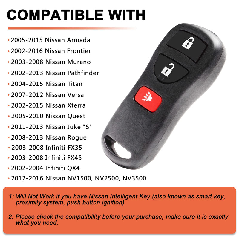 for Nissan Armada Frontier Murano NV Pathfinder Quest Sentra Titan Versa Xterra Keyless Entry Remote Replacement KBRASTU15 (Pack of 2)