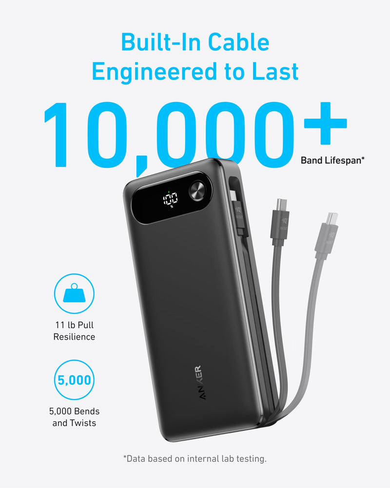 Anker Power Bank, 20,000mAh Portable Charger with Built-in USB-C Cable, 87W Max Fast Charging Battery Pack for Laptop, 2 USB-C and 1 USB-A, for MacBook, iPhone 15 Series, Samsung, Switch, and More Black