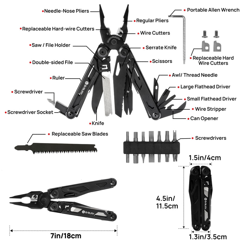 BIBURY Multitool Pliers Pro BI2045AB, Stainless Steel Foldable Multi Tool with Upgraded Scissors and Screwdriver, Multitools with Replaceable Wire Cutters and Saw, Ideal for Camping,Fishing,Survival