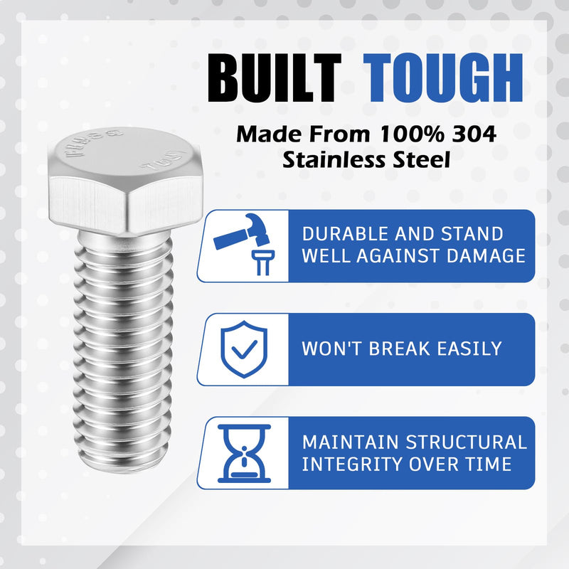 Zonon 50 Pcs 3/8-16 x 3/4" Hex Head Screw Bolt 18-8 (304) Stainless Steel Hexagon Bolts, Fully Threaded, Plain Finish, External Hex Drive (Silver) 3/8-16 X 3/4" Silver