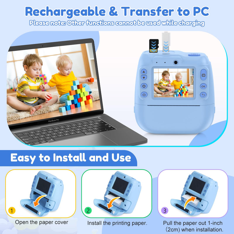 Kids Camera Instant Print, 2.4 Inch Screen Kids Instant Cameras, 1080P Video Recording, Christmas Birthday for Girls Age 3-12, with 3 Rolls Print Paper & 32GB Card, Blue