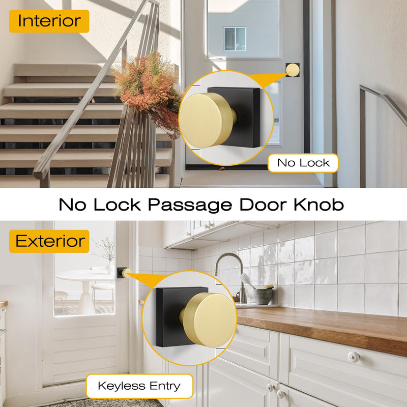 EHOMEWARE 1 Pack Black Gold Door Knob, Passage Door Knobs Interior No Lock, Keyless Hallway/Closet Door Handle, Heavy Duty Reversible Door Handle for Left/Right Doors Black with Gold Passage Door Knob